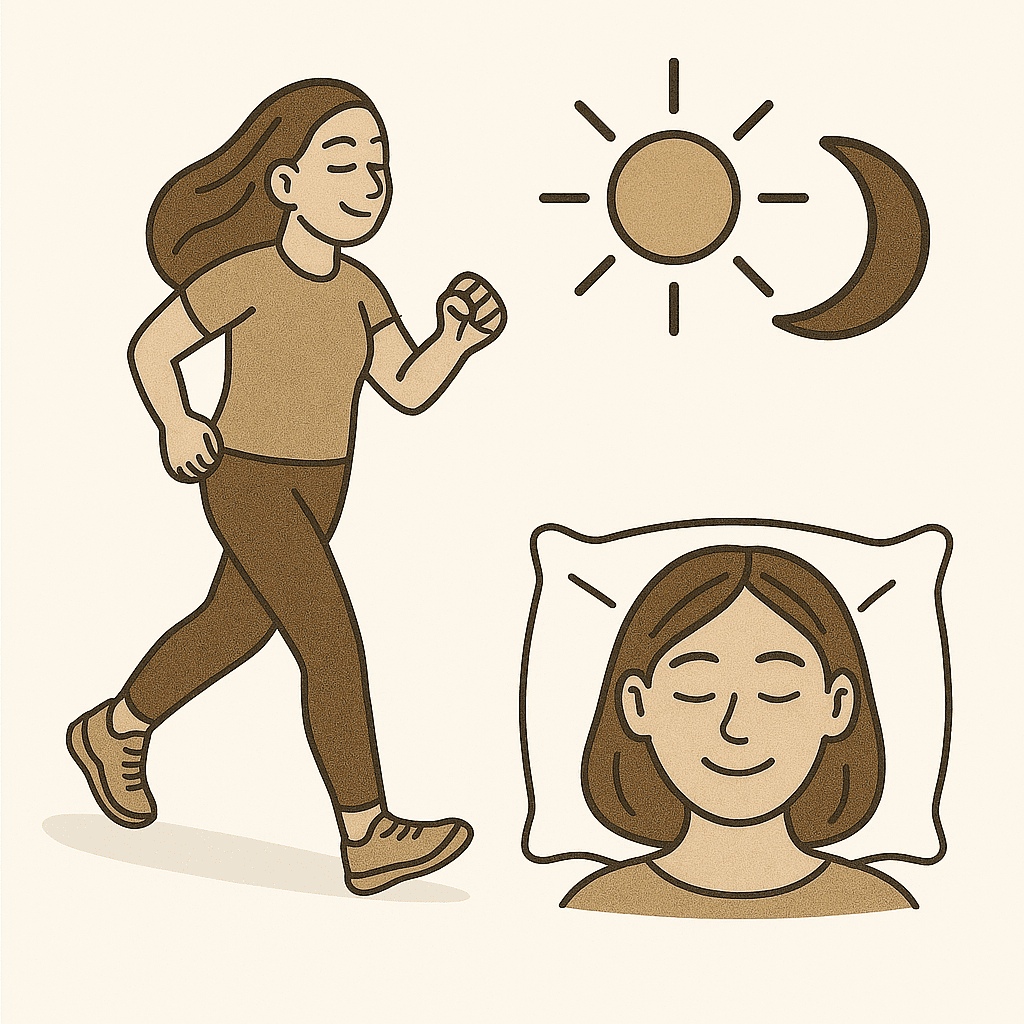 Illustration: Frau joggt tagsüber und schläft nachts – Symbol für gesunde Tagesroutine