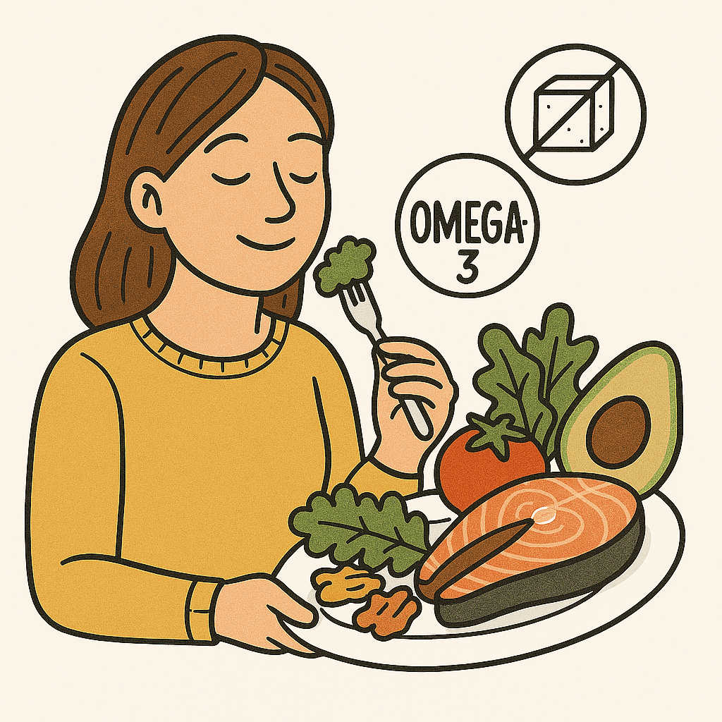 Illustration: Frau mit gesunder Ernährung – Gemüse, Omega-3 und ausgewogene Mahlzeiten
