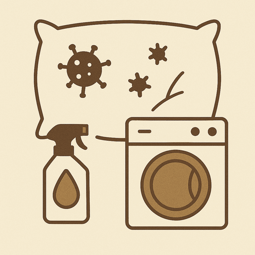 Illustration: Kissen mit Keimen und Waschmaschine – Hinweis auf regelmäßiges Waschen für Hygiene