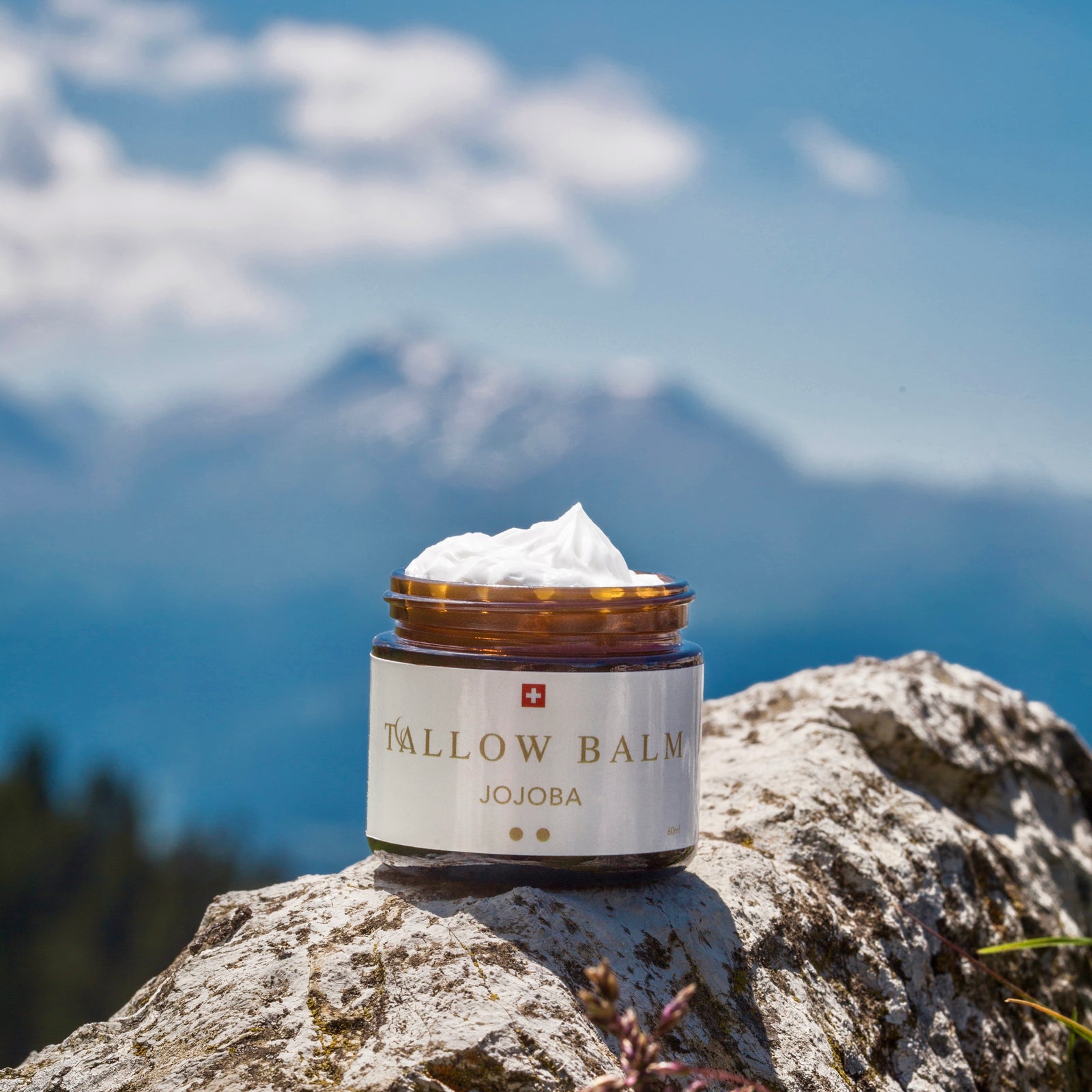 Swiss Tallow Balm auf Fels mit Alpenhintergrund