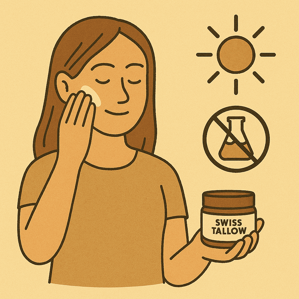 Illustration einer Frau, die Swiss Tallow Creme aufträgt – frei von Chemie, mit Sonnensymbol