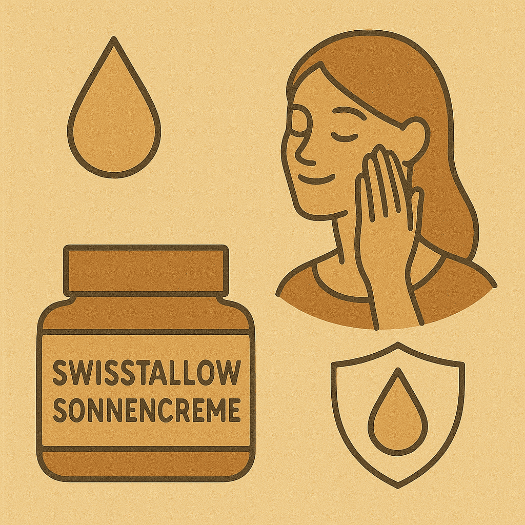 Illustration einer Frau, die Swiss Tallow Sonnencreme aufträgt, mit Tropfensymbolen