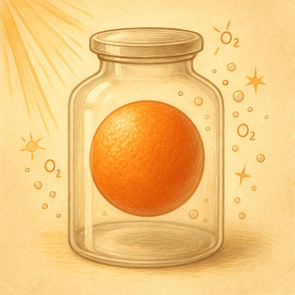 Astaxanthin in einem Glas mit transparentem Etikett