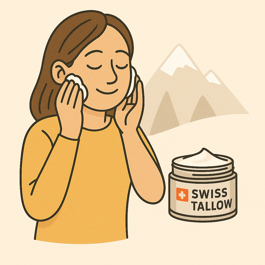 Illustration einer Frau, die sich mit Swiss Tallow Creme das Gesicht pflegt, im Hintergrund Berge