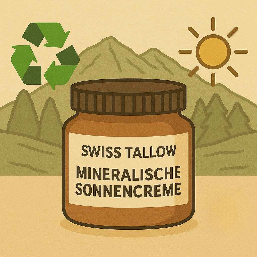 Illustration eines Tiegels Swiss Tallow Sonnencreme vor Bergen mit Sonne und Recycling-Symbol